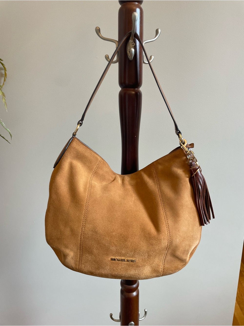 Michael Kors Suede Hobo Shoulder Bag in Tan with Brown Tassel